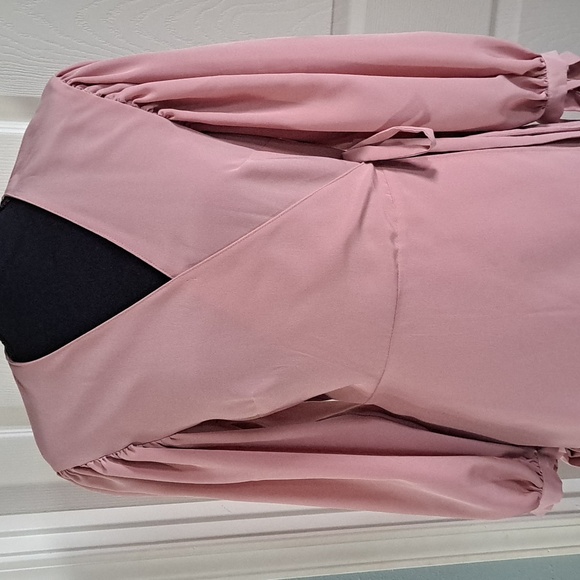 Topshop Pink Wrap Balloon Sleeve Satin Feel Tie Waist Dressy Stylish Mini Dress - Picture 2 of 13